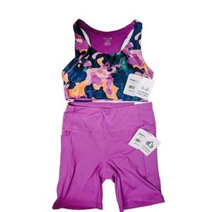 Reebok 2PC Active Set Sports Bra & Bike Shorts S Purple Floral Athleisure Gym